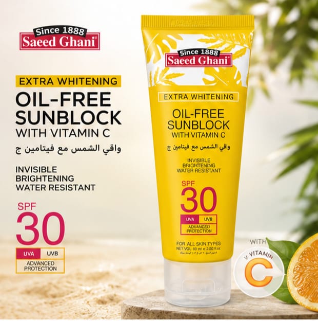 Saeed Ghani Extra Whitening Oil-Free Sunblock SPF 30 with Vitamin C – Invisible Finish & Water Resistant (120ml)