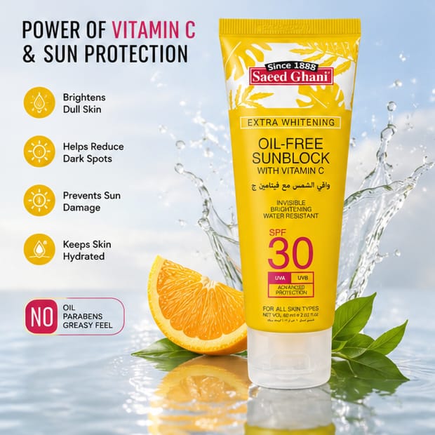 Saeed Ghani Extra Whitening Oil-Free Sunblock SPF 30 with Vitamin C – Invisible Finish & Water Resistant (120ml)