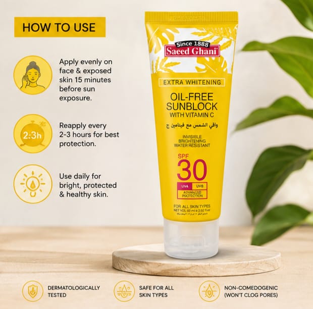 Saeed Ghani Extra Whitening Oil-Free Sunblock SPF 30 with Vitamin C – Invisible Finish & Water Resistant (120ml)