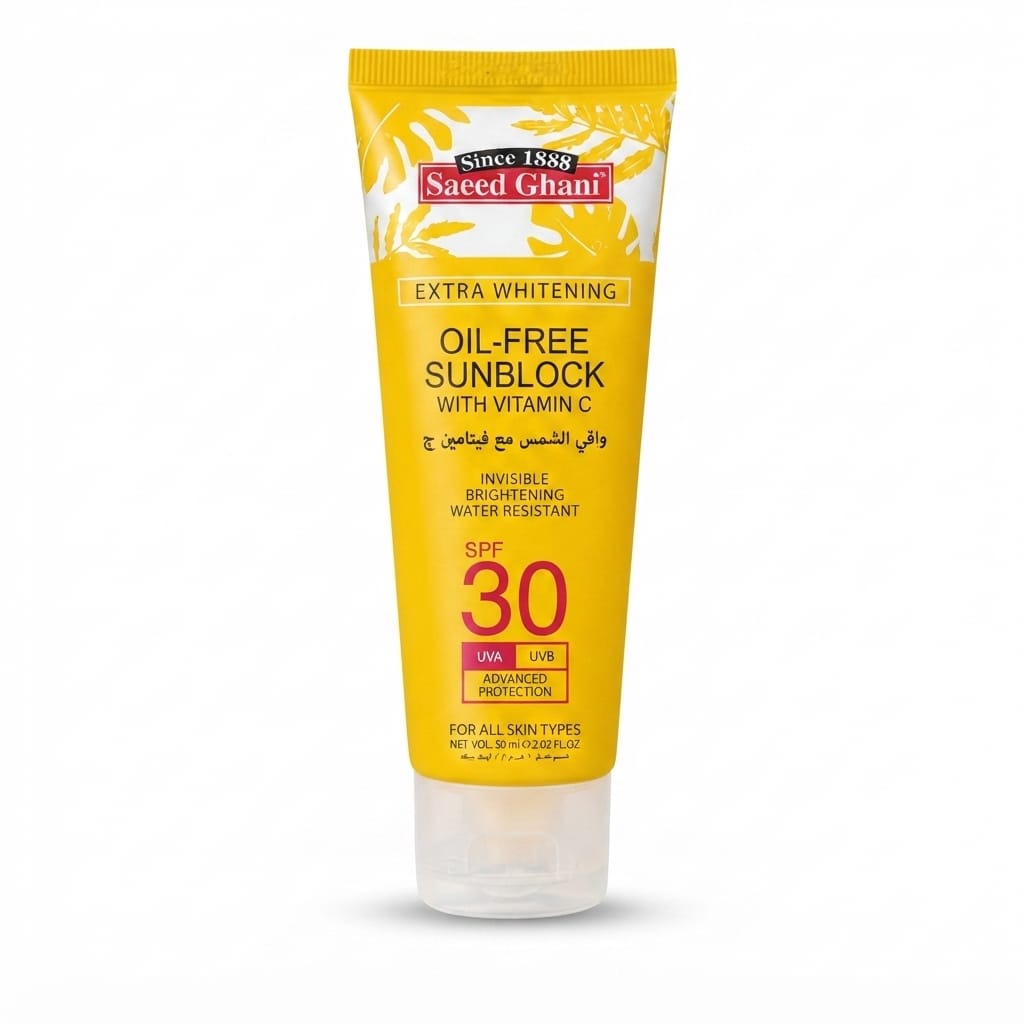 Saeed Ghani Extra Whitening Oil-Free Sunblock SPF 30 with Vitamin C – Invisible Finish & Water Resistant (120ml)