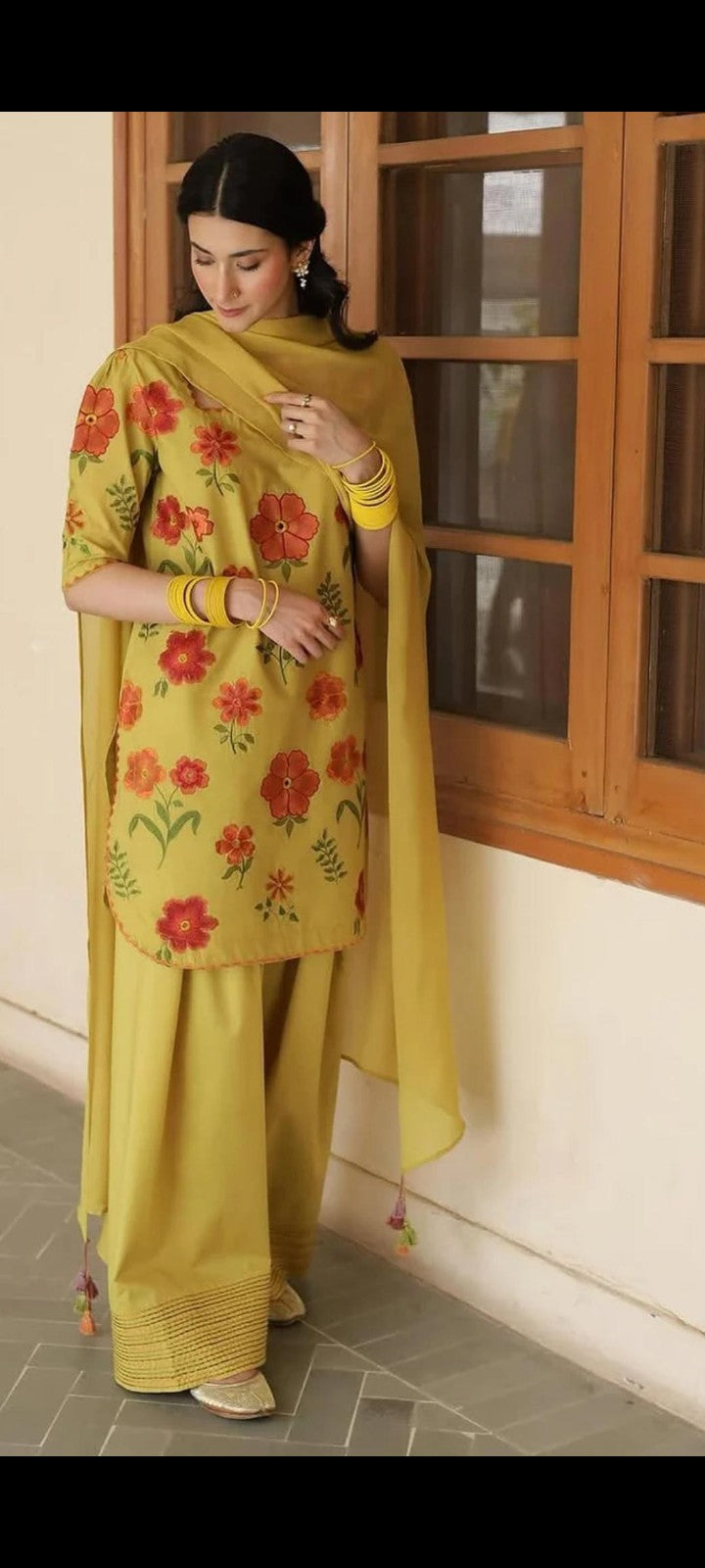 Elegant Yellow Floral Printed 3-Piece Suit for Women