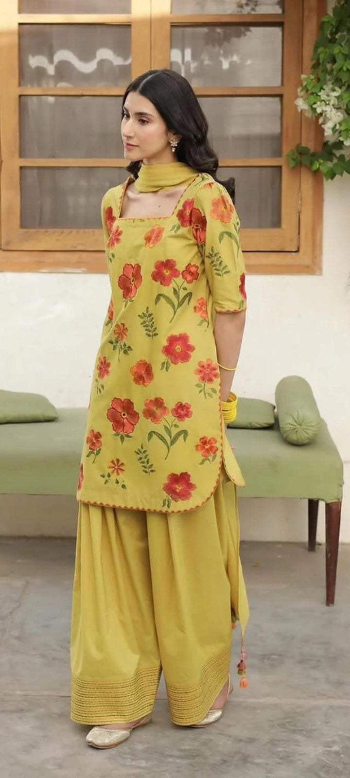 Elegant Yellow Floral Printed 3-Piece Suit for Women