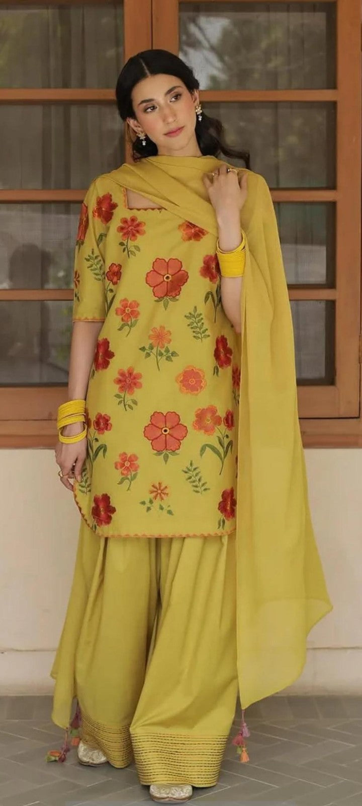 Elegant Yellow Floral Printed 3-Piece Suit for Women