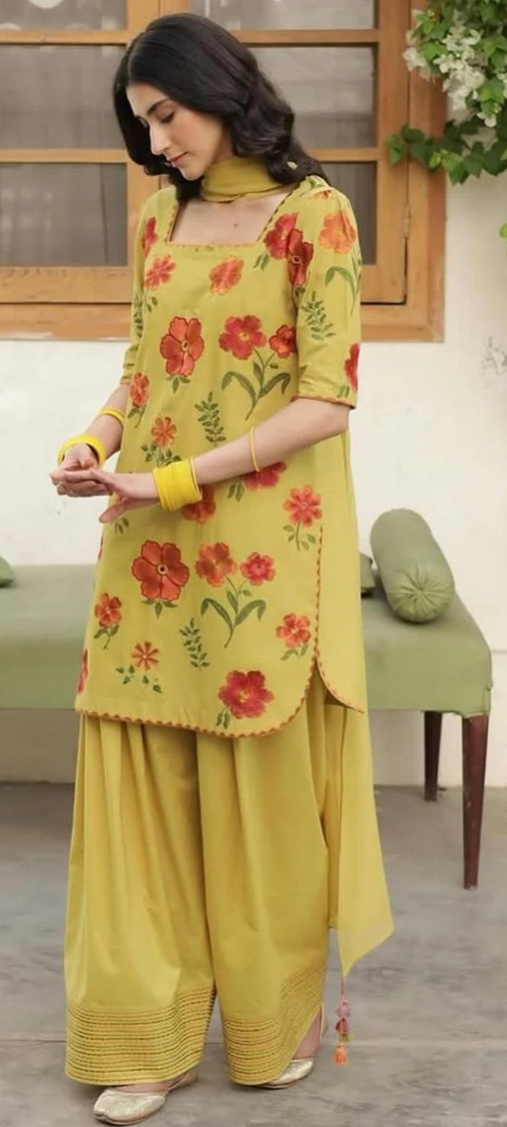 Elegant Yellow Floral Printed 3-Piece Suit for Women