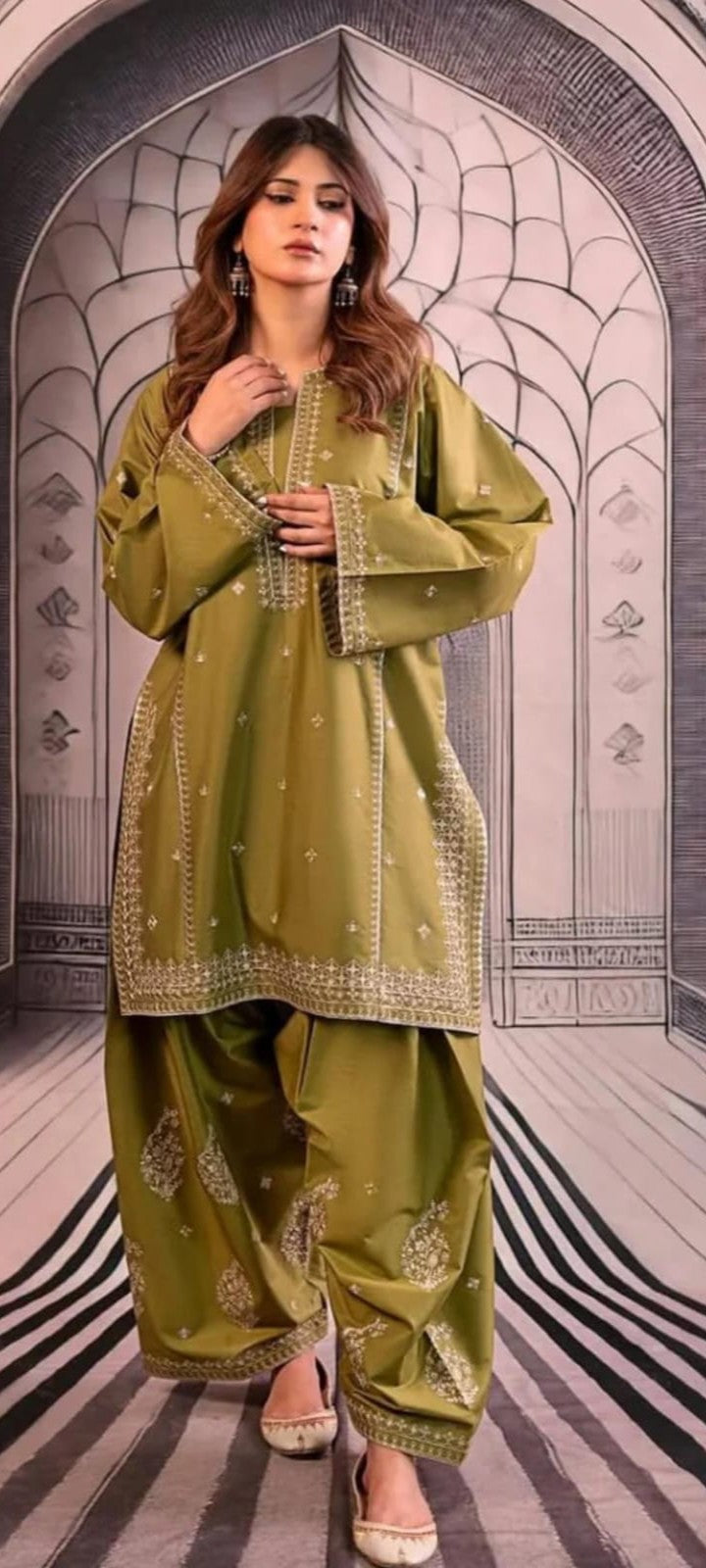 Elegant Olive Green Embroidered Lawn Suit | 3-Piece Pakistani Dress