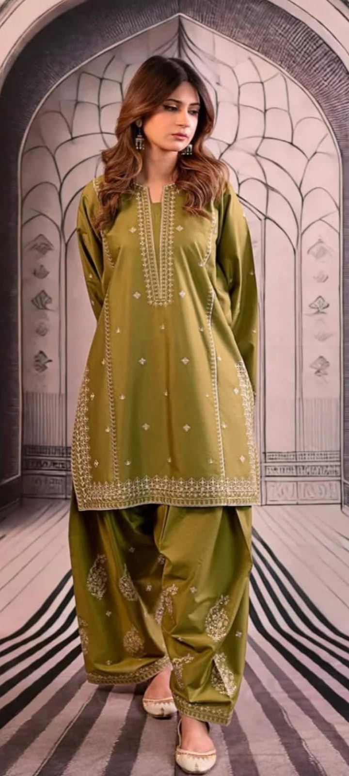Elegant Olive Green Embroidered Lawn Suit | 3-Piece Pakistani Dress