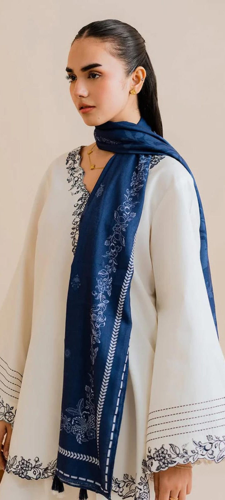 Elegant White Embroidered Suit with Navy Blue Printed Dupatta