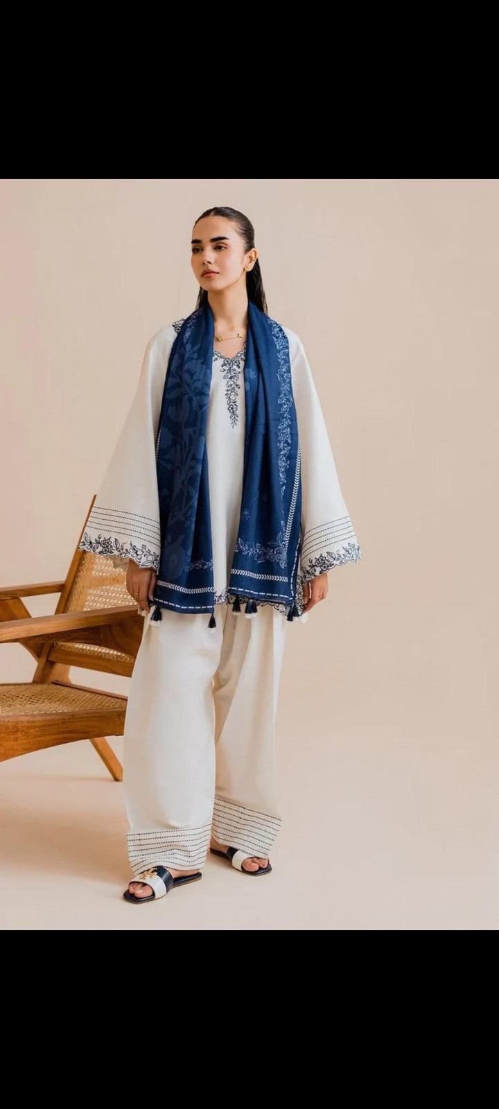 Elegant White Embroidered Suit with Navy Blue Printed Dupatta