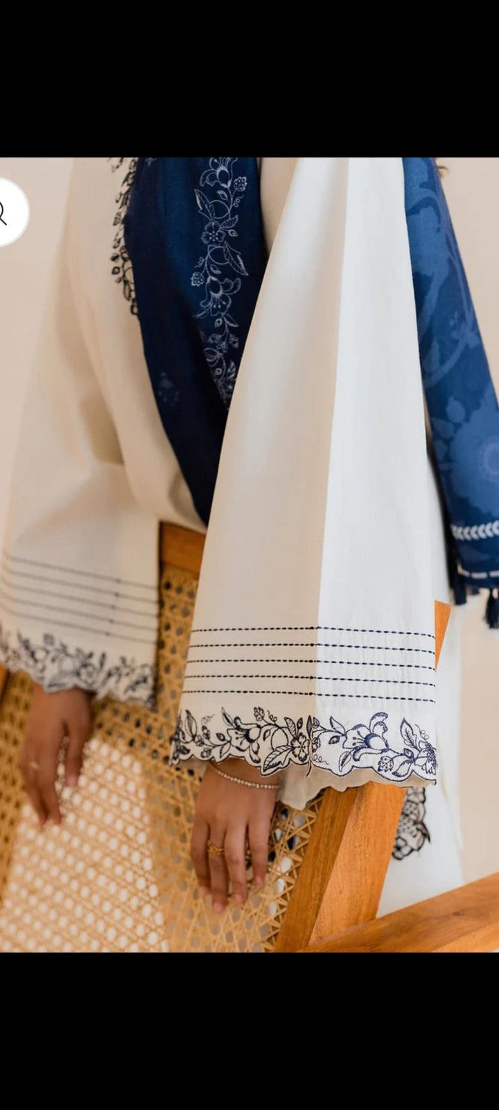 Elegant White Embroidered Suit with Navy Blue Printed Dupatta