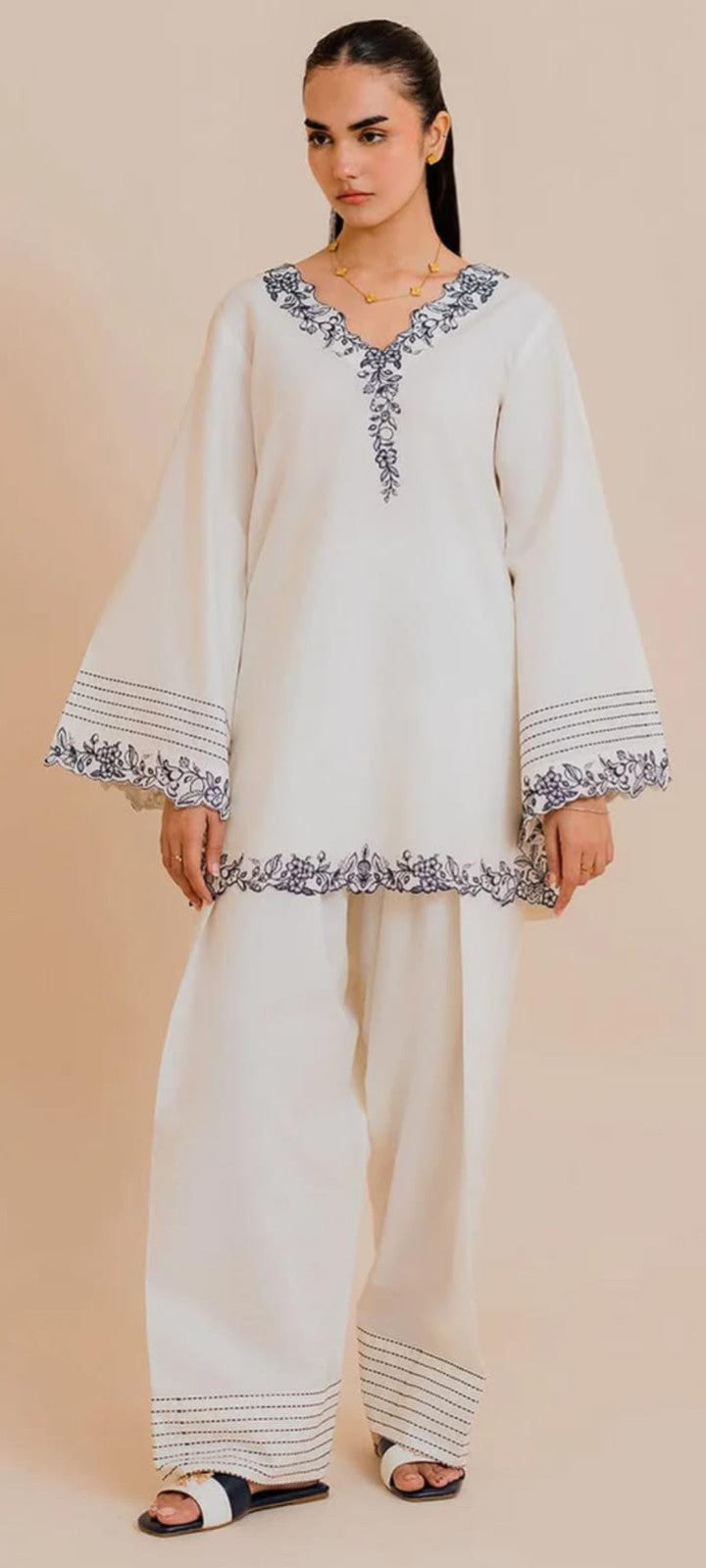 Elegant White Embroidered Suit with Navy Blue Printed Dupatta