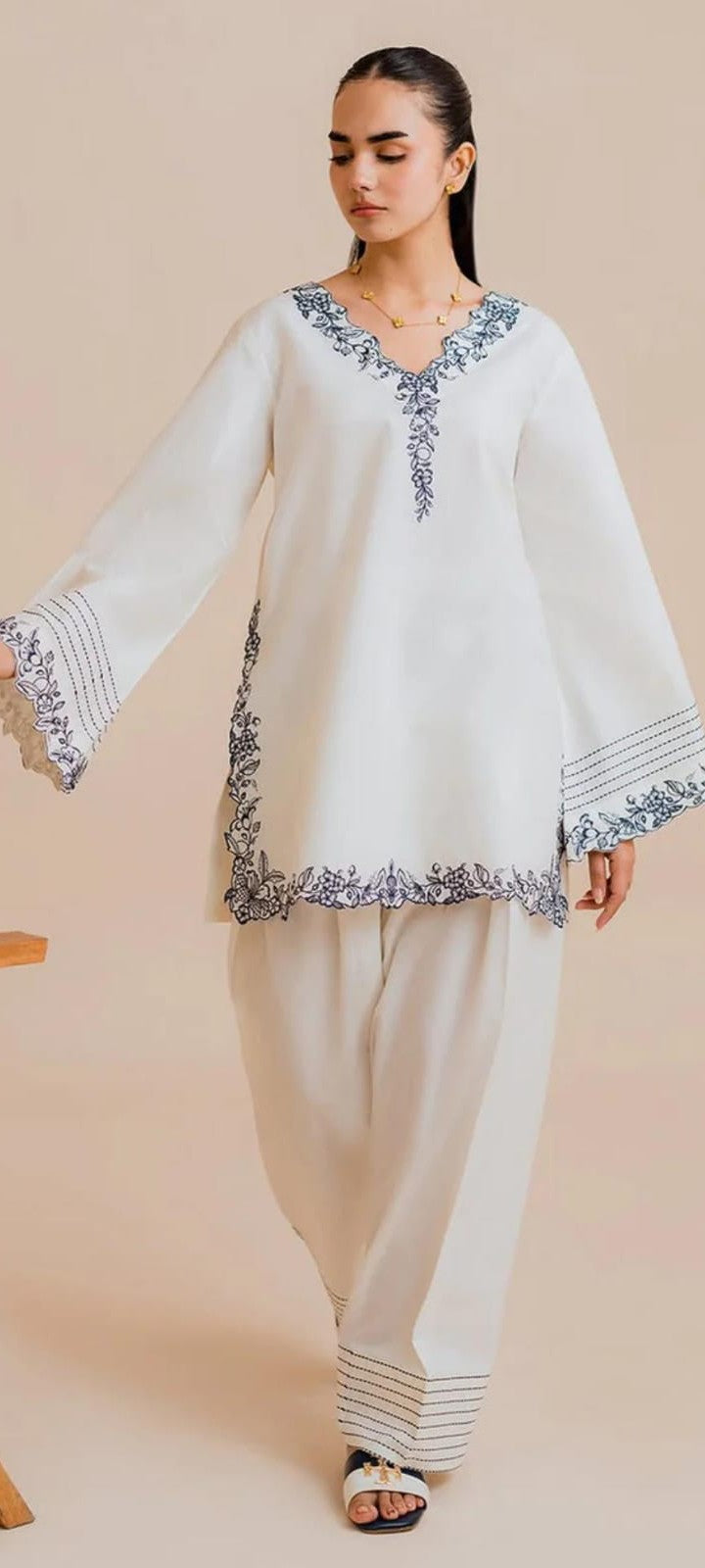 Elegant White Embroidered Suit with Navy Blue Printed Dupatta