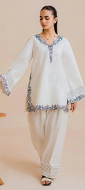 Elegant White Embroidered Suit with Navy Blue Printed Dupatta