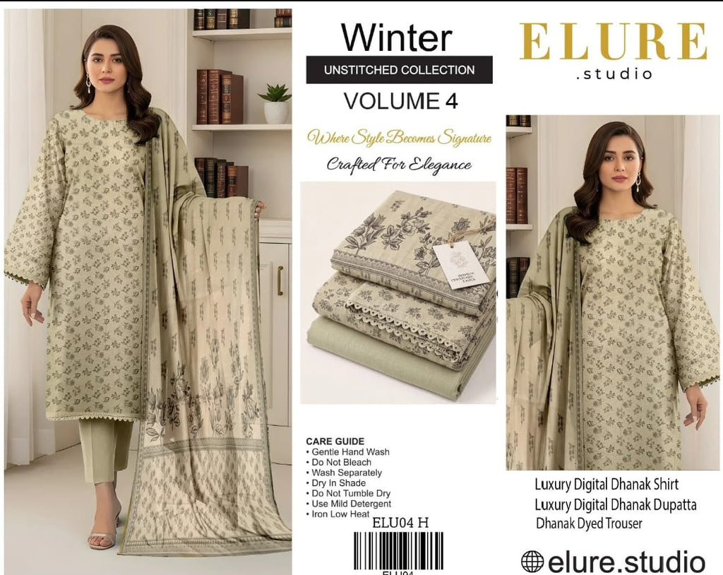 Elure Studio Winter Unstitched Collection – Volume 4 | Luxury Digital Dhanak 3-Piece Suit