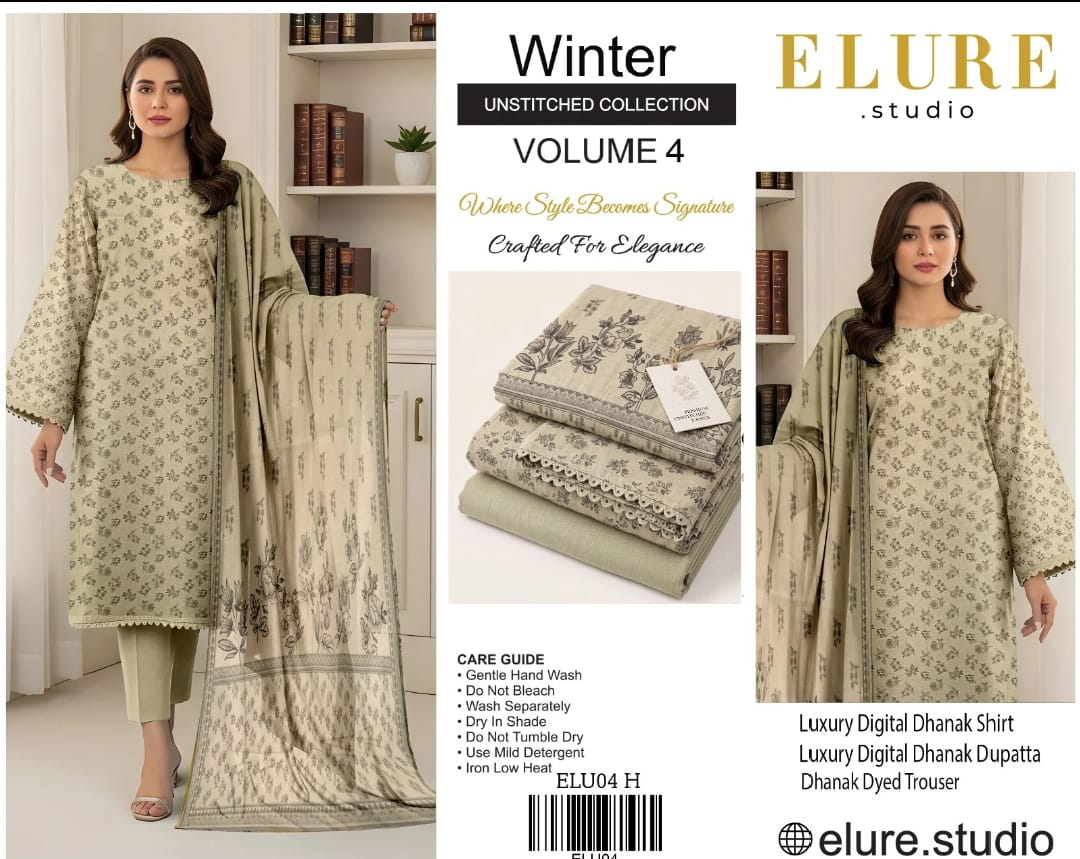 Elure Studio Winter Unstitched Collection – Volume 4 | Luxury Digital Dhanak 3-Piece Suit