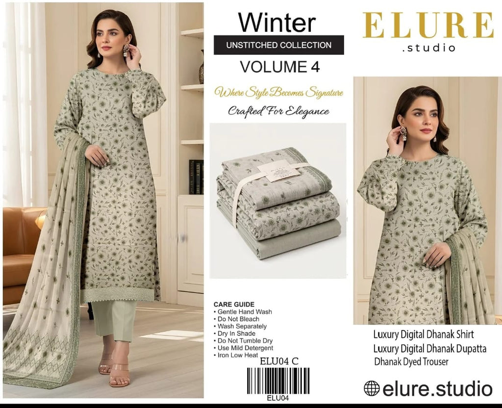 Elure Studio Winter Unstitched Collection – Volume 4 | Luxury Digital Dhanak 3-Piece Suit