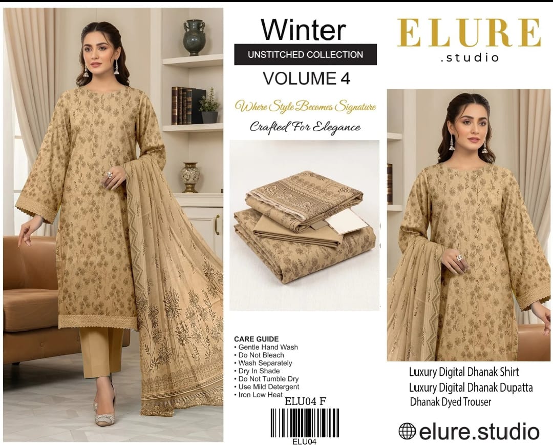 Elure Studio Winter Unstitched Collection – Volume 4 | Luxury Digital Dhanak 3-Piece Suit