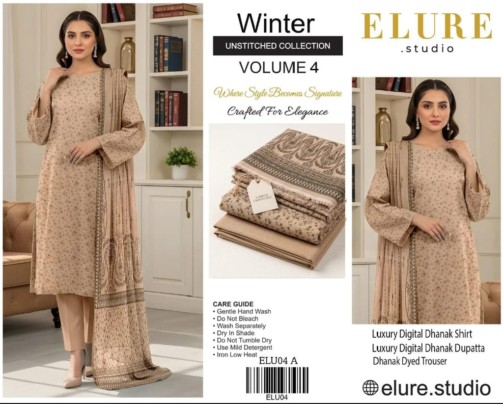 Elure Studio Winter Unstitched Collection – Volume 4 | Luxury Digital Dhanak 3-Piece Suit