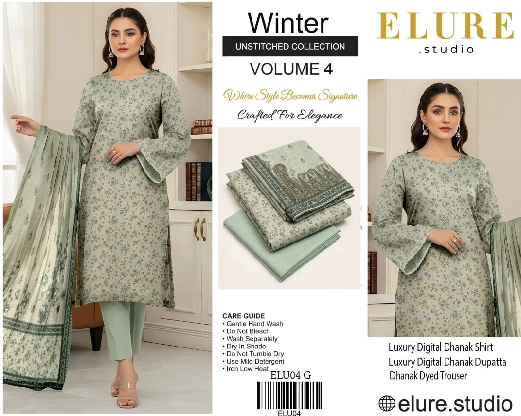 Elure Studio Winter Unstitched Collection – Volume 4 | Luxury Digital Dhanak 3-Piece Suit