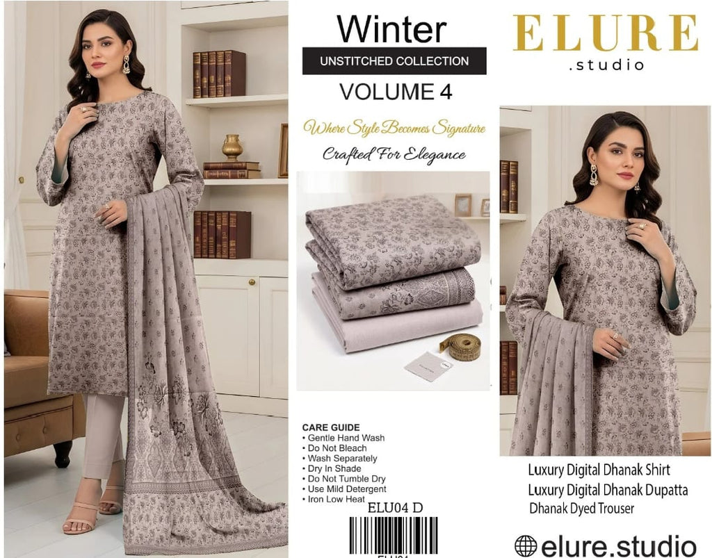 Elure Studio Winter Unstitched Collection – Volume 4 | Luxury Digital Dhanak 3-Piece Suit