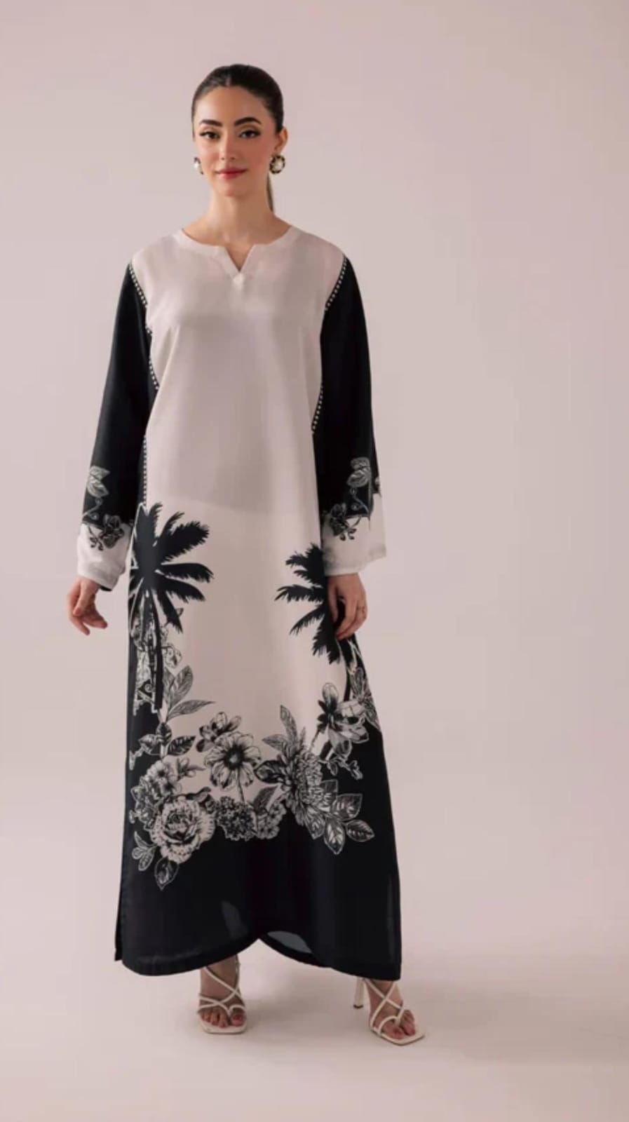 Elegant Black & White Printed Lawn Suit – Floral & Palm Tree Design