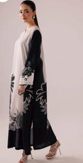 Elegant Black & White Printed Lawn Suit – Floral & Palm Tree Design