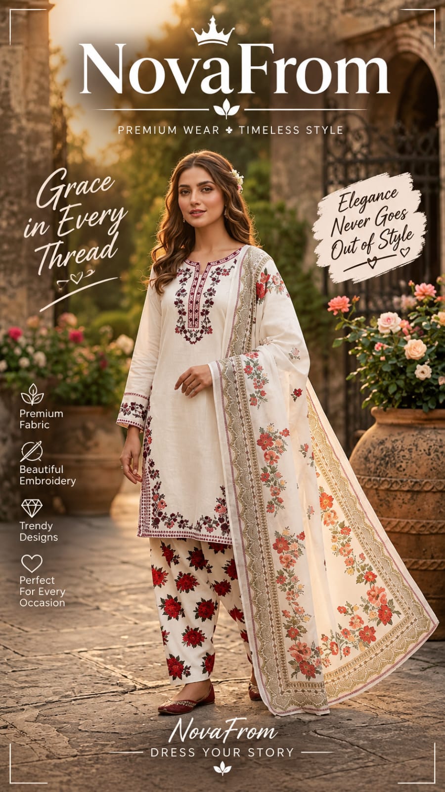Here are some short title ideas:   - **Maroon Bloom** - **White & Maroon Elegance** - **Floral Grace** - **Maroon Petals** - **Blooming Elegance** - **Royal Florals** - **Maroon Blossom** - **Classic Floral Suit**
