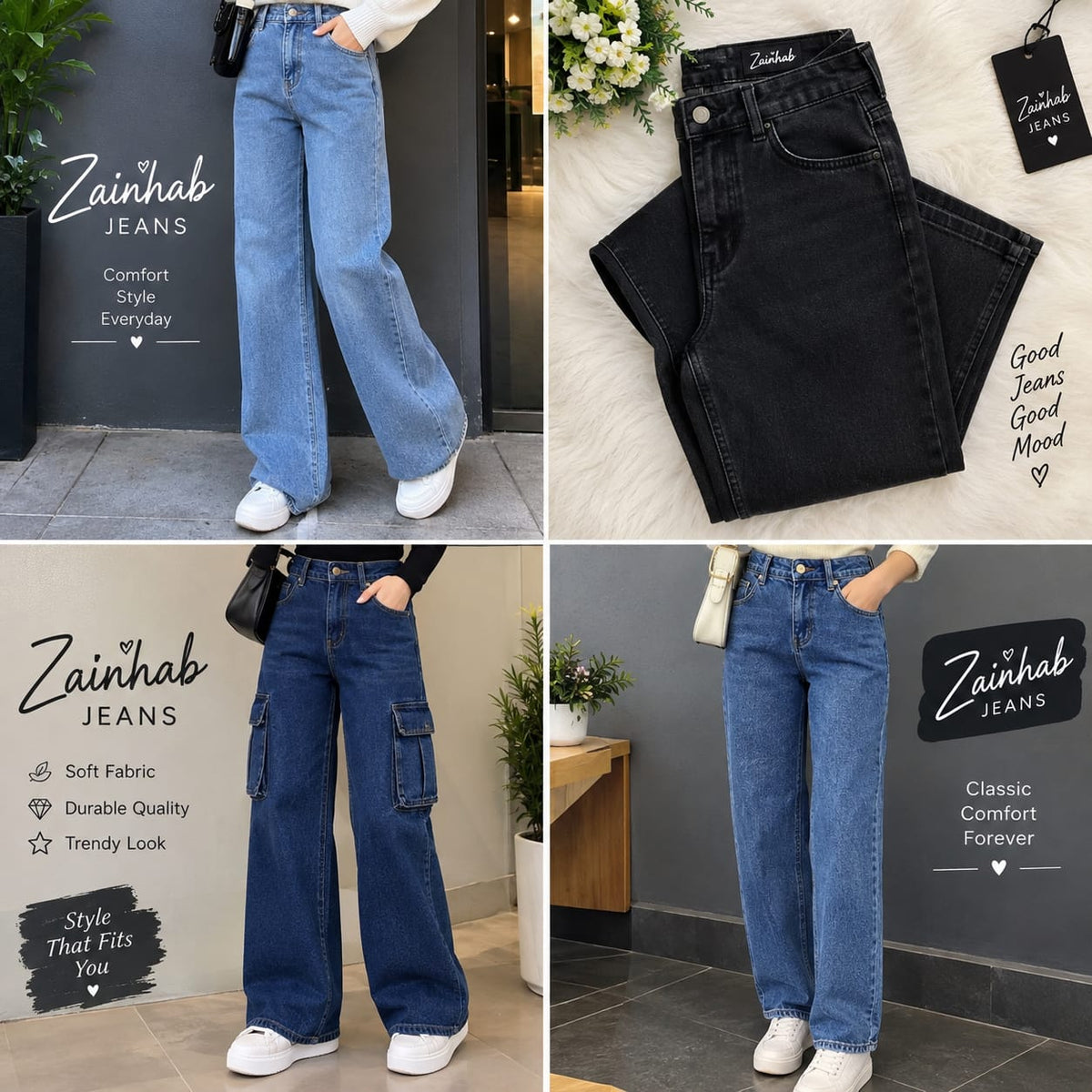 Zainhab Jeans – Trendy Wide Leg & Cargo Denim Collection 💙