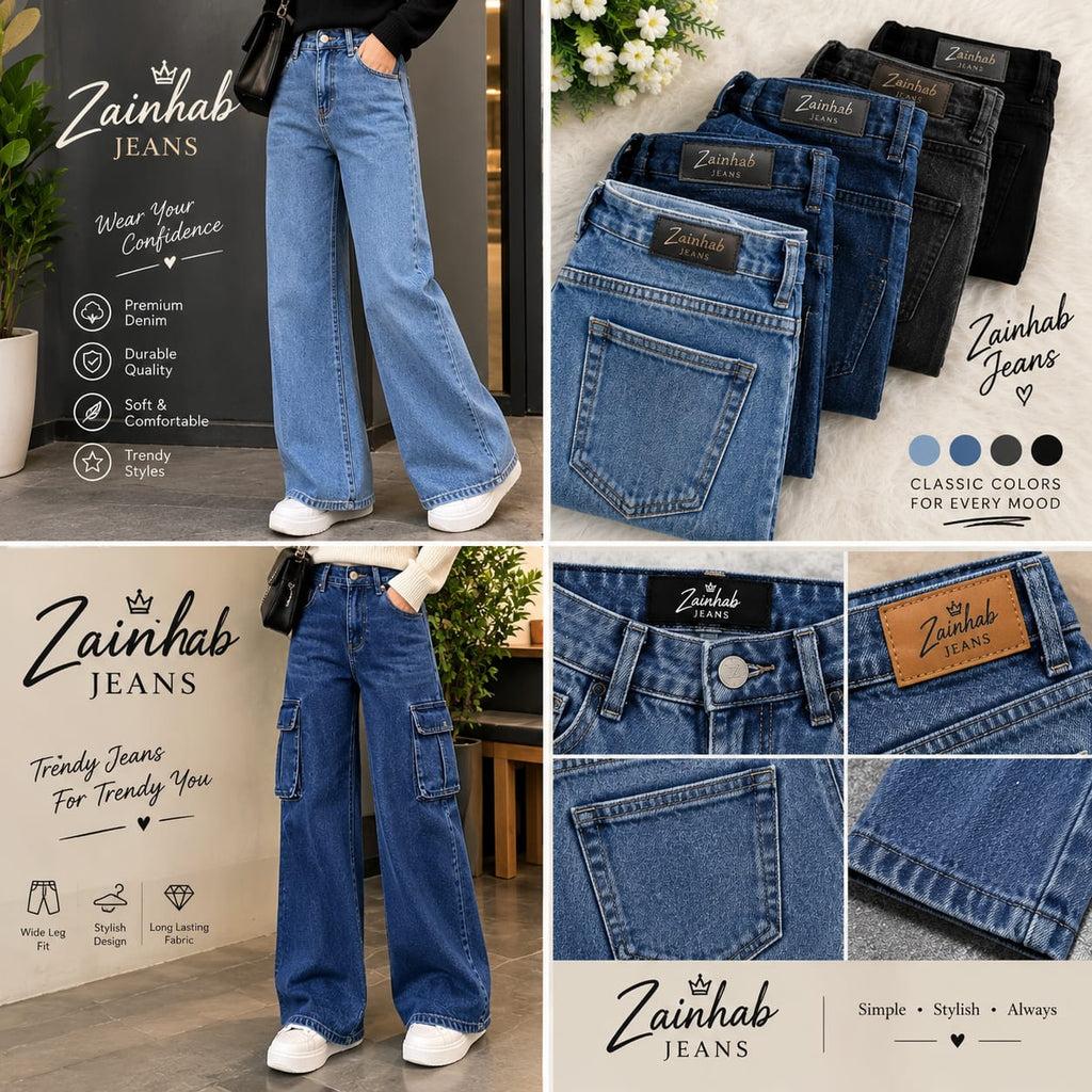 Zainhab Jeans – Trendy Wide Leg & Cargo Denim Collection 💙